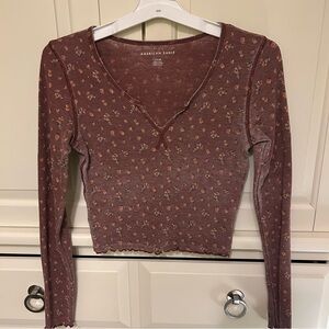 American Eagle Outfitters Women's Floral Long Sleeve Top - maroon burgundy